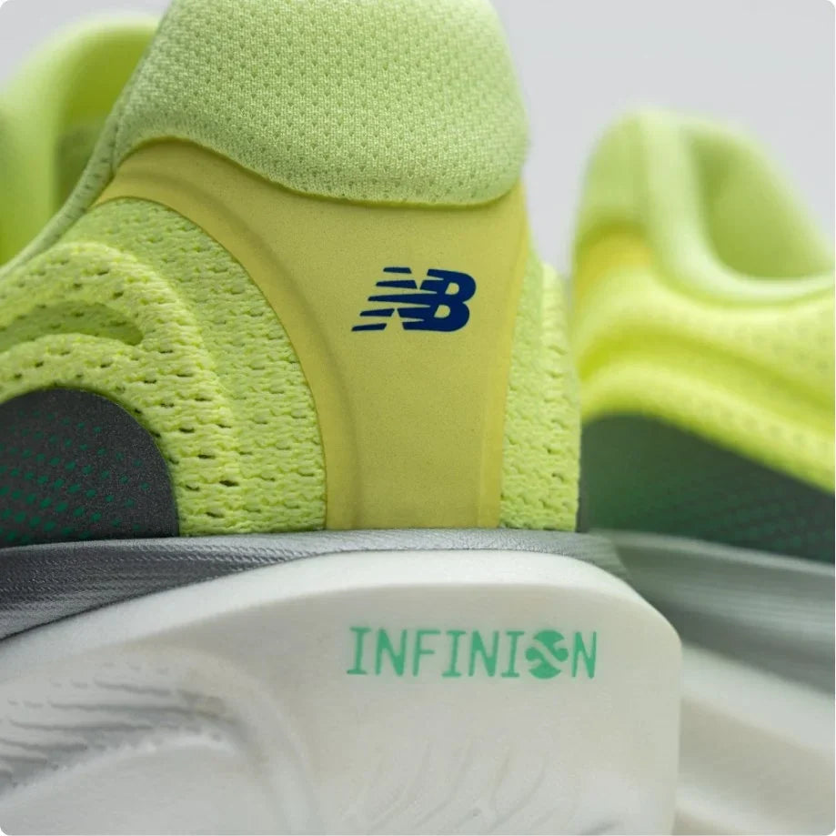Close-up of a lime New Balance shoe heel and cushioned sole