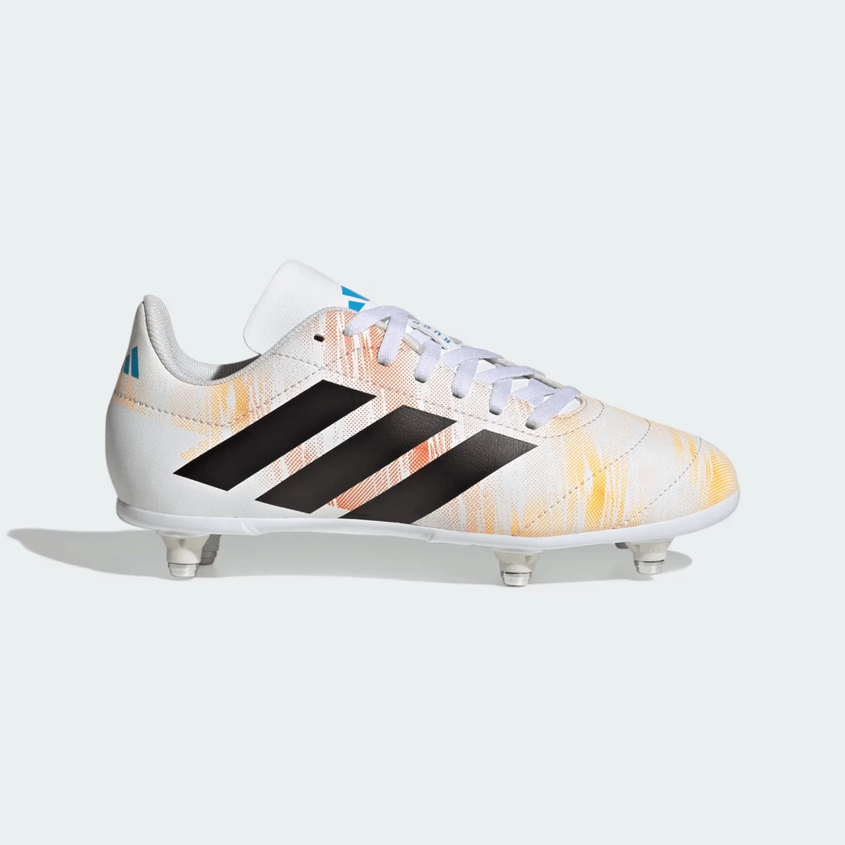 White adidas rugby boot with black stripes