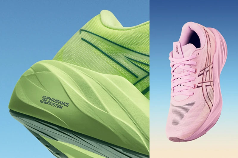 Close-ups of lime and pink ASICS running shoes