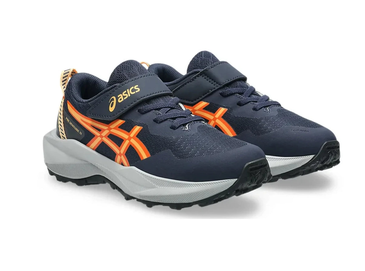 Navy and orange ASICS kids shoes with hook-and-loop straps