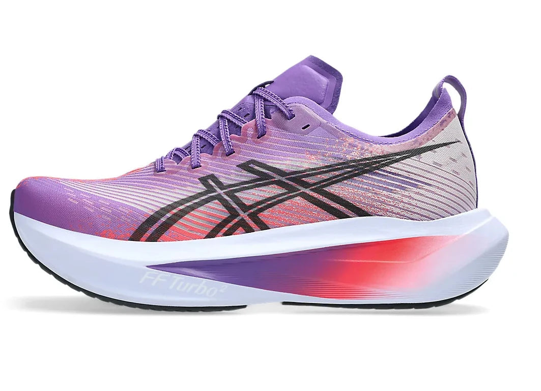 Purple ASICS running shoe with a bright cushioned sole