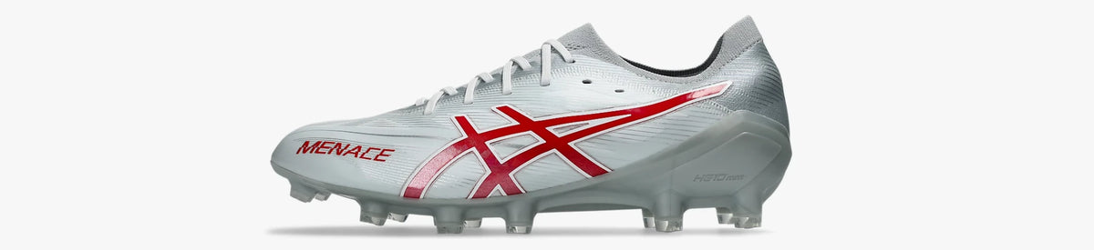 Silver ASICS rugby boot with red stripes