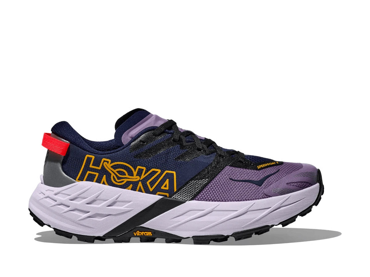 Purple and black HOKA trail shoe