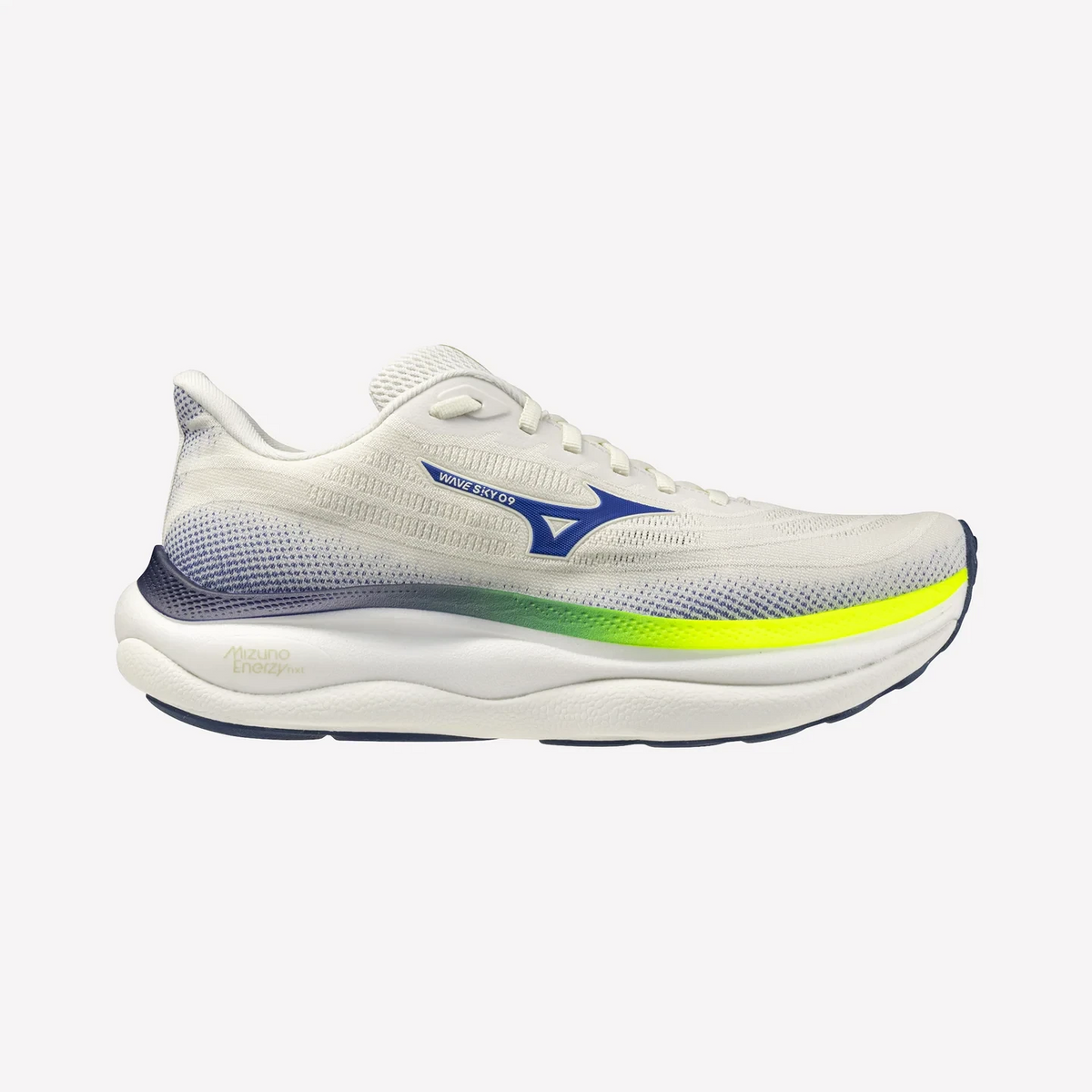 White Mizuno running shoe with lime detailing