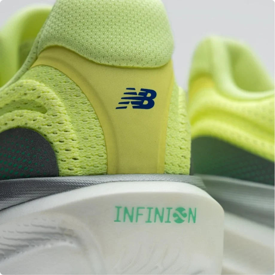 Close-up of a lime New Balance shoe heel and cushioned sole