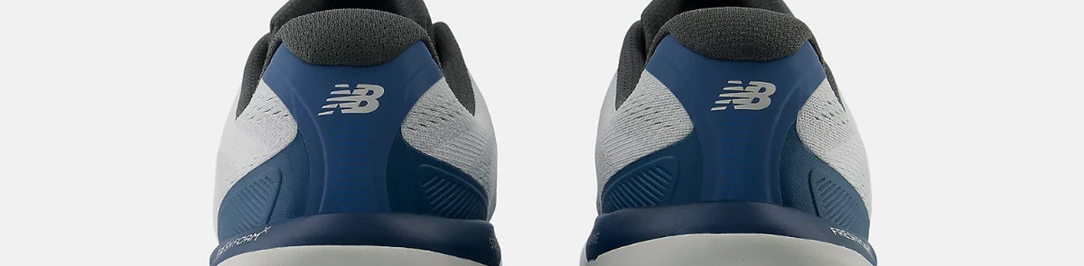 Rear view of blue and grey New Balance running shoes